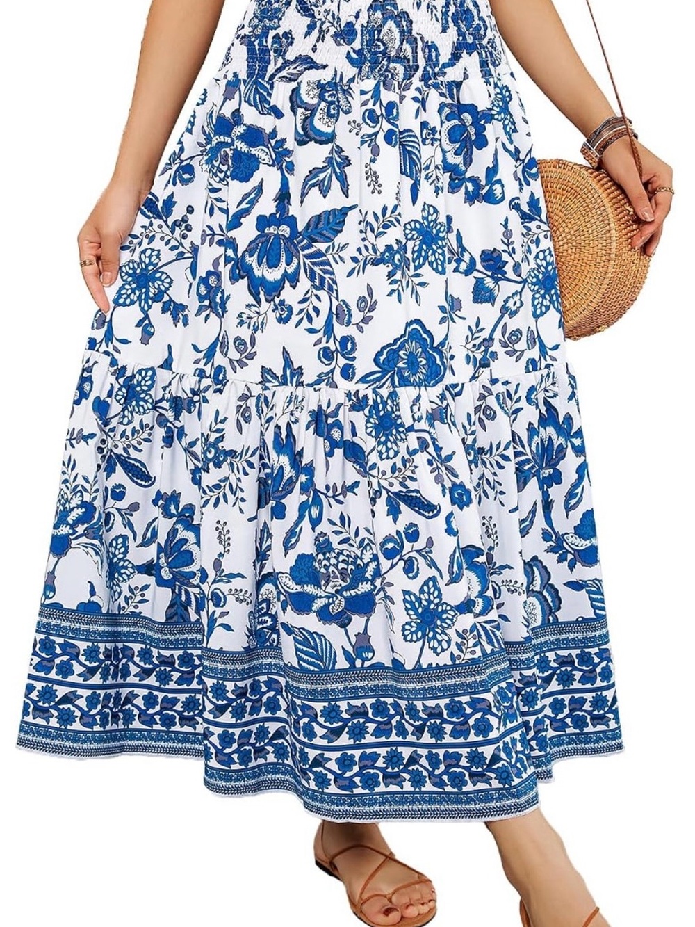 White Maxi Skirt with Blue Floral Print - Smocked Waist